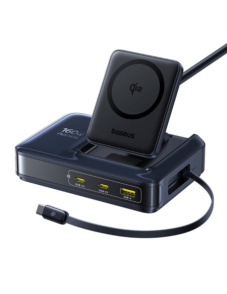 
5 viename belaidė įkrovimo stotelė USB-A / USB-C su ištraukiamu Qi2 laidu, 160 W, juoda
