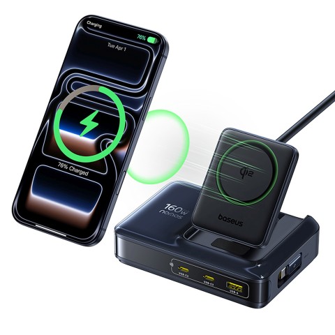 
5 viename belaidė įkrovimo stotelė USB-A / USB-C su ištraukiamu Qi2 laidu, 160 W, juoda
