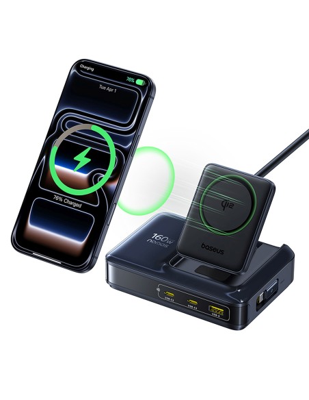 
5 viename belaidė įkrovimo stotelė USB-A / USB-C su ištraukiamu Qi2 laidu, 160 W, juoda
