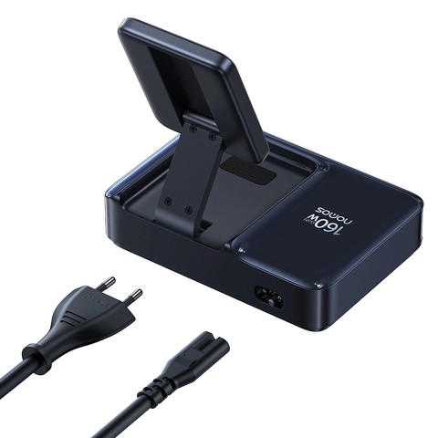 
5 viename belaidė įkrovimo stotelė USB-A / USB-C su ištraukiamu Qi2 laidu, 160 W, juoda
