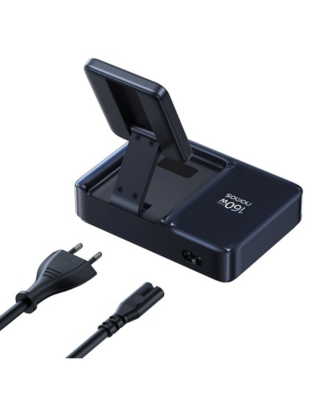 
5 viename belaidė įkrovimo stotelė USB-A / USB-C su ištraukiamu Qi2 laidu, 160 W, juoda
