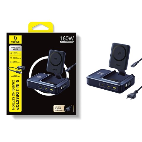 
5 viename belaidė įkrovimo stotelė USB-A / USB-C su ištraukiamu Qi2 laidu, 160 W, juoda
