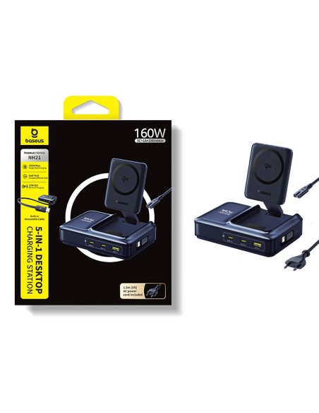 
5 viename belaidė įkrovimo stotelė USB-A / USB-C su ištraukiamu Qi2 laidu, 160 W, juoda
