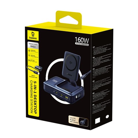 
5 viename belaidė įkrovimo stotelė USB-A / USB-C su ištraukiamu Qi2 laidu, 160 W, juoda

