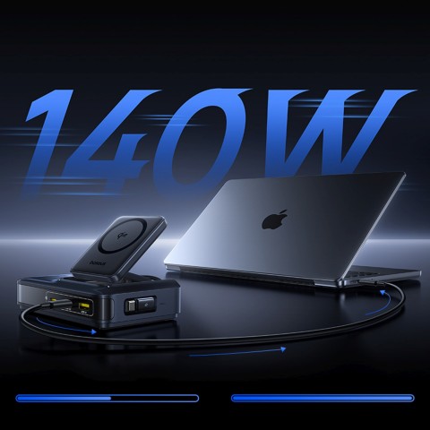
5 viename belaidė įkrovimo stotelė USB-A / USB-C su ištraukiamu Qi2 laidu, 160 W, juoda
