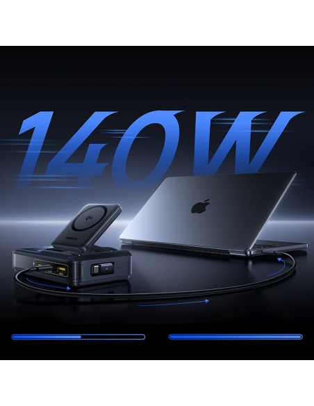 
5 viename belaidė įkrovimo stotelė USB-A / USB-C su ištraukiamu Qi2 laidu, 160 W, juoda
