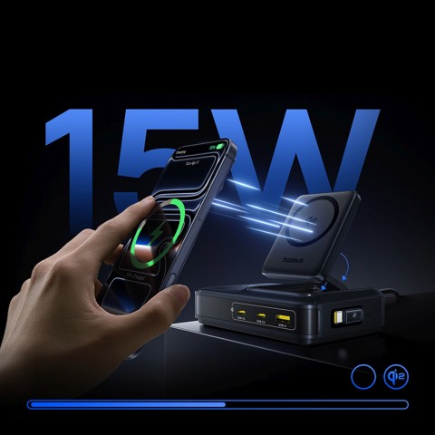 
5 viename belaidė įkrovimo stotelė USB-A / USB-C su ištraukiamu Qi2 laidu, 160 W, juoda
