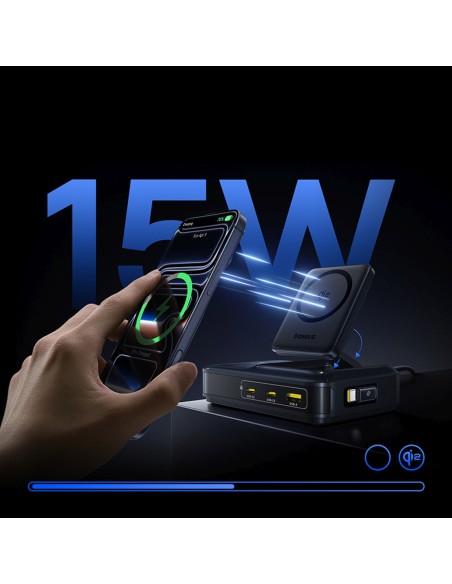 
5 viename belaidė įkrovimo stotelė USB-A / USB-C su ištraukiamu Qi2 laidu, 160 W, juoda
