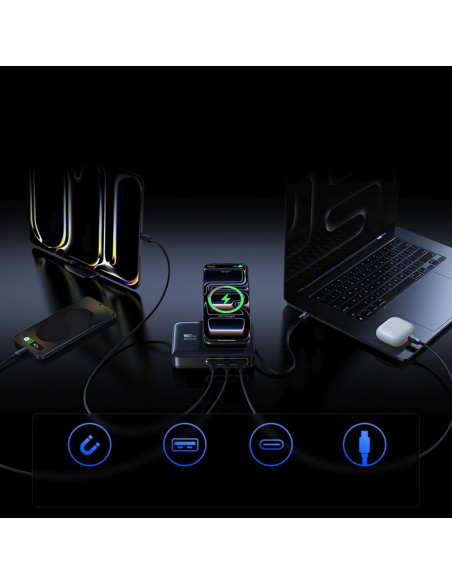 
5 viename belaidė įkrovimo stotelė USB-A / USB-C su ištraukiamu Qi2 laidu, 160 W, juoda
