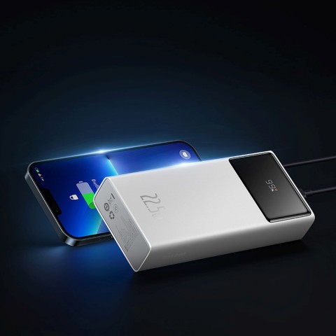 
20000mAh USB-A USB-C nešiojamas įkroviklis su ekrano laidu, 22,5 W, baltas
