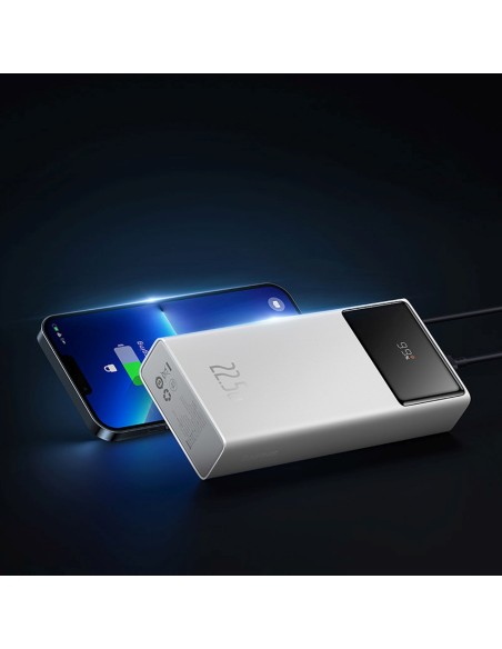 
20000mAh USB-A USB-C nešiojamas įkroviklis su ekrano laidu, 22,5 W, baltas
