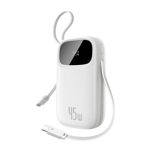 
20000mAh USB-A ir USB-C nešiojamas įkroviklis su ekranu ir 2 integruotais laidais, 45 W – baltas
