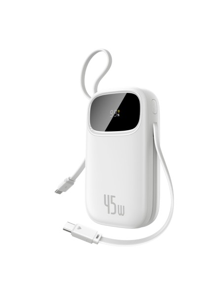 
20000mAh USB-A ir USB-C nešiojamas įkroviklis su ekranu ir 2 integruotais laidais, 45 W – baltas
