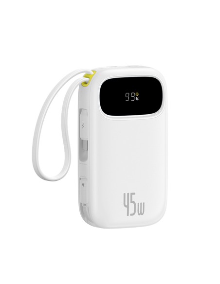 
20000mAh USB-A ir USB-C nešiojamas įkroviklis su ekranu ir 2 integruotais laidais, 45 W – baltas
