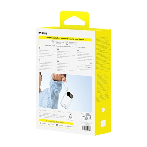 
20000mAh USB-A ir USB-C nešiojamas įkroviklis su ekranu ir 2 integruotais laidais, 45 W – baltas
