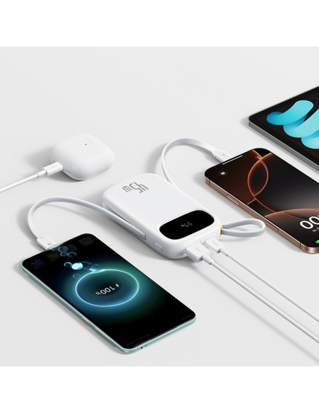 
20000mAh USB-A ir USB-C nešiojamas įkroviklis su ekranu ir 2 integruotais laidais, 45 W – baltas
