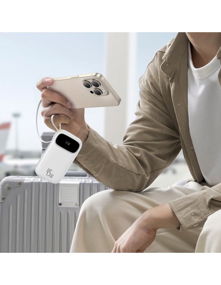 
20000mAh USB-A ir USB-C nešiojamas įkroviklis su ekranu ir 2 integruotais laidais, 45 W – baltas
