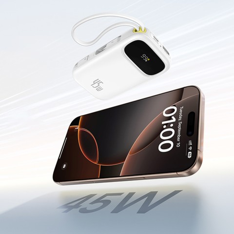 
20000mAh USB-A ir USB-C nešiojamas įkroviklis su ekranu ir 2 integruotais laidais, 45 W – baltas
