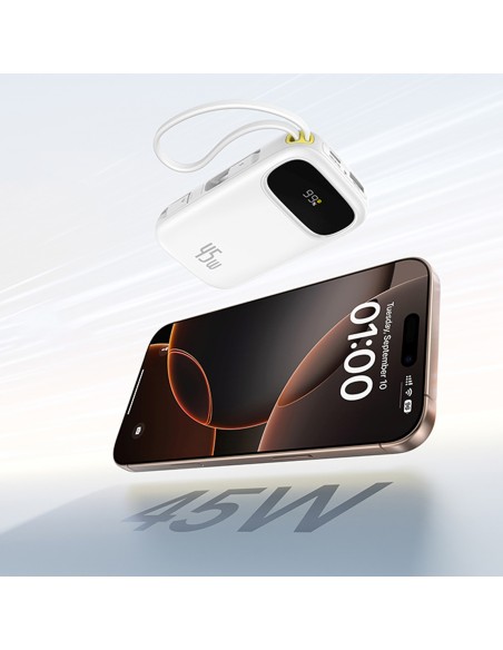 
20000mAh USB-A ir USB-C nešiojamas įkroviklis su ekranu ir 2 integruotais laidais, 45 W – baltas
