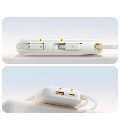 
20000mAh USB-A ir USB-C nešiojamas įkroviklis su ekranu ir 2 integruotais laidais, 45 W – baltas
