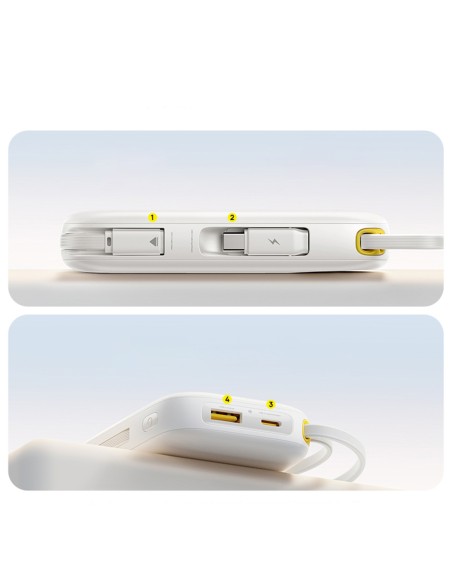 
20000mAh USB-A ir USB-C nešiojamas įkroviklis su ekranu ir 2 integruotais laidais, 45 W – baltas

