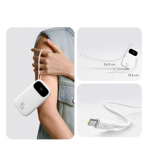 
20000mAh USB-A ir USB-C nešiojamas įkroviklis su ekranu ir 2 integruotais laidais, 45 W – baltas
