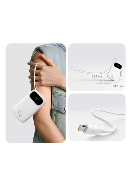 
20000mAh USB-A ir USB-C nešiojamas įkroviklis su ekranu ir 2 integruotais laidais, 45 W – baltas
