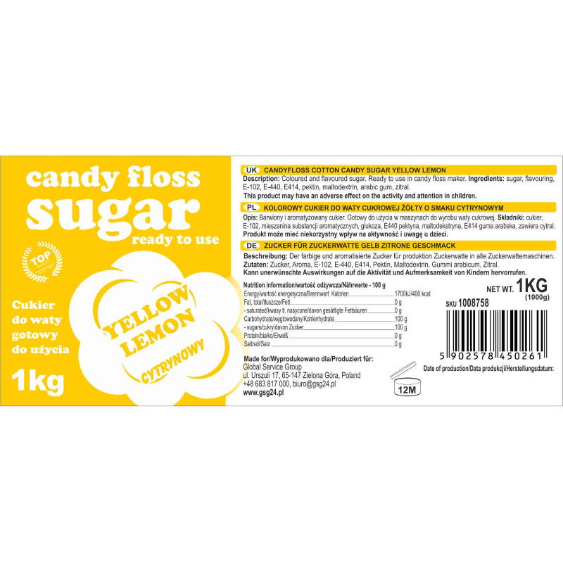 Spalvotas cukrus cukraus vatai geltonos citrinos skonio 1kg