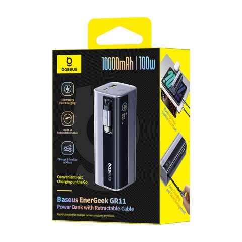 
„EnerGeek GR11“ 10000mAh išorinė baterija su ištraukiamu laidu, 100 W – pilka
