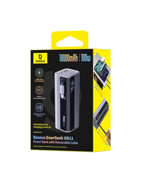 
„EnerGeek GR11“ 10000mAh išorinė baterija su ištraukiamu laidu, 100 W – pilka
