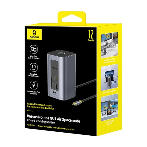 
ŠAKOTEKLIS 12 viename Įkrovimo stotelė USB-C USB-A HDMI RJ45 SD microSD 4K 60Hz PD 10Gb/ s
