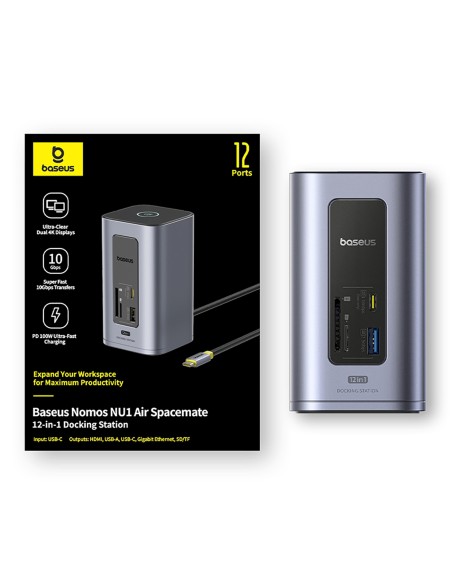 
ŠAKOTEKLIS 12 viename Įkrovimo stotelė USB-C USB-A HDMI RJ45 SD microSD 4K 60Hz PD 10Gb/ s
