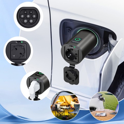 
V2L 2 tipo – „Schuko“ 3500 W adapteris su galios ekranu elektromobiliams
