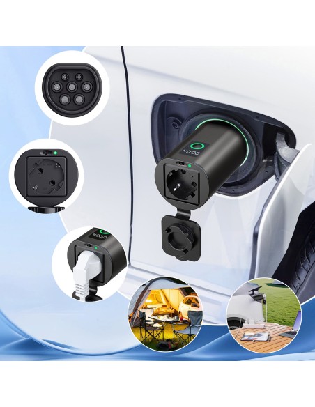 
V2L 2 tipo – „Schuko“ 3500 W adapteris su galios ekranu elektromobiliams
