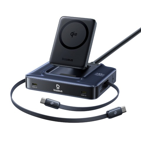 
6 viename belaidė įkrovimo stotelė su ištraukiamais USB-C laidais, 245 W – juoda
