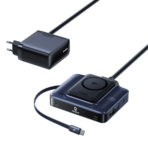 
6 viename belaidė įkrovimo stotelė su ištraukiamais USB-C laidais, 245 W – juoda
