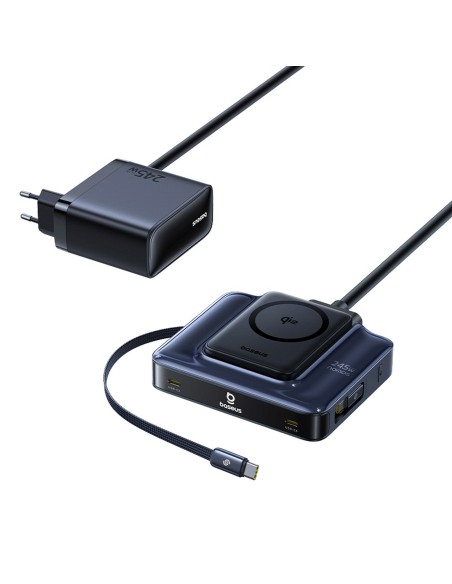 
6 viename belaidė įkrovimo stotelė su ištraukiamais USB-C laidais, 245 W – juoda
