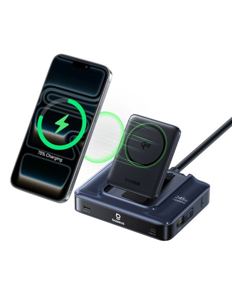 
6 viename belaidė įkrovimo stotelė su ištraukiamais USB-C laidais, 245 W – juoda

