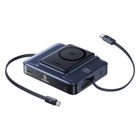 
6 viename belaidė įkrovimo stotelė su ištraukiamais USB-C laidais, 245 W – juoda
