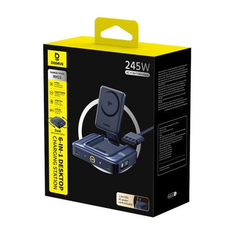 
6 viename belaidė įkrovimo stotelė su ištraukiamais USB-C laidais, 245 W – juoda
