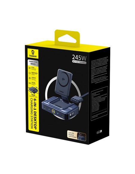 
6 viename belaidė įkrovimo stotelė su ištraukiamais USB-C laidais, 245 W – juoda
