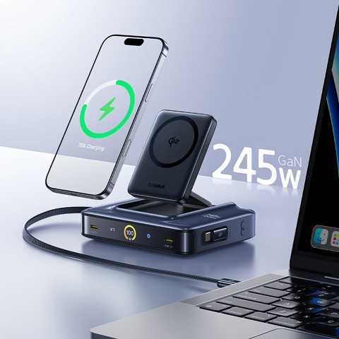 
6 viename belaidė įkrovimo stotelė su ištraukiamais USB-C laidais, 245 W – juoda
