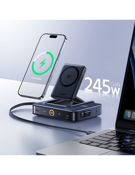 
6 viename belaidė įkrovimo stotelė su ištraukiamais USB-C laidais, 245 W – juoda
