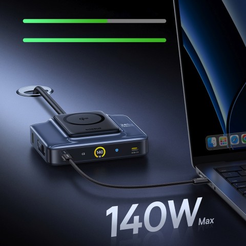 
6 viename belaidė įkrovimo stotelė su ištraukiamais USB-C laidais, 245 W – juoda
