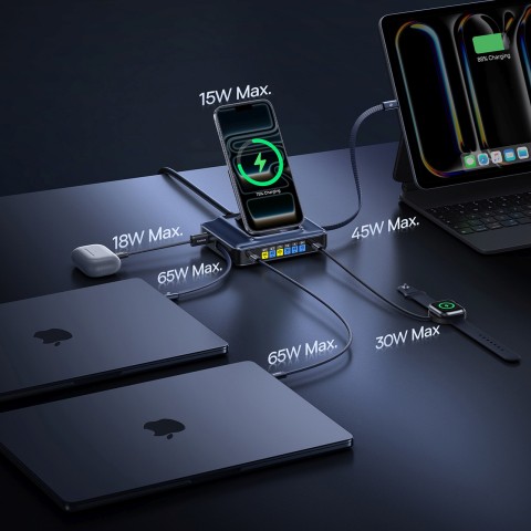 
6 viename belaidė įkrovimo stotelė su ištraukiamais USB-C laidais, 245 W – juoda
