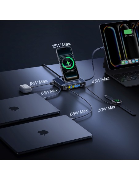 
6 viename belaidė įkrovimo stotelė su ištraukiamais USB-C laidais, 245 W – juoda
