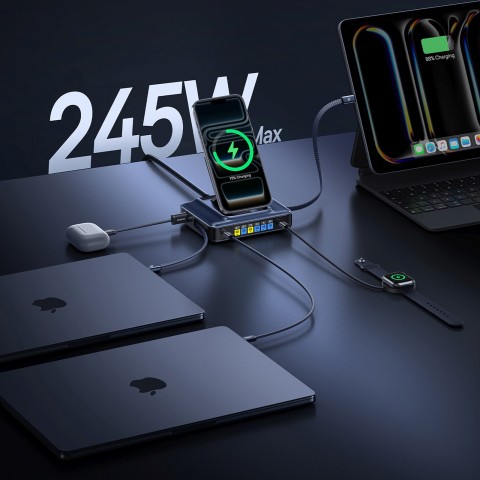 
6 viename belaidė įkrovimo stotelė su ištraukiamais USB-C laidais, 245 W – juoda

