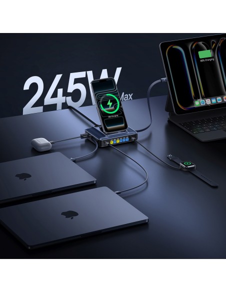 
6 viename belaidė įkrovimo stotelė su ištraukiamais USB-C laidais, 245 W – juoda
