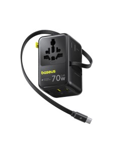 
6 viename kelioninis adapteris su ištraukiamu USB-C laidu, 70 W – juodas
