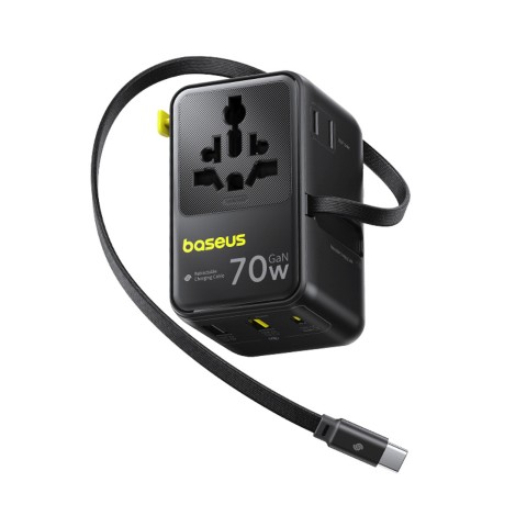 
6 viename kelioninis adapteris su ištraukiamu USB-C laidu, 70 W – juodas
